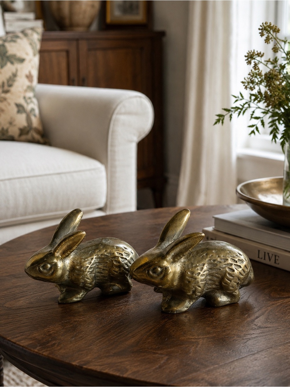 Vintage Brass Rabbit Figurine Pair - Decorative Home Accent - Gold